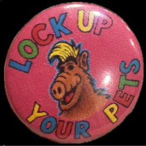 ALF Button Pin – “LOCK UP YOUR PETS” – 1” Rainbow Retro ‘80s Funny Alien